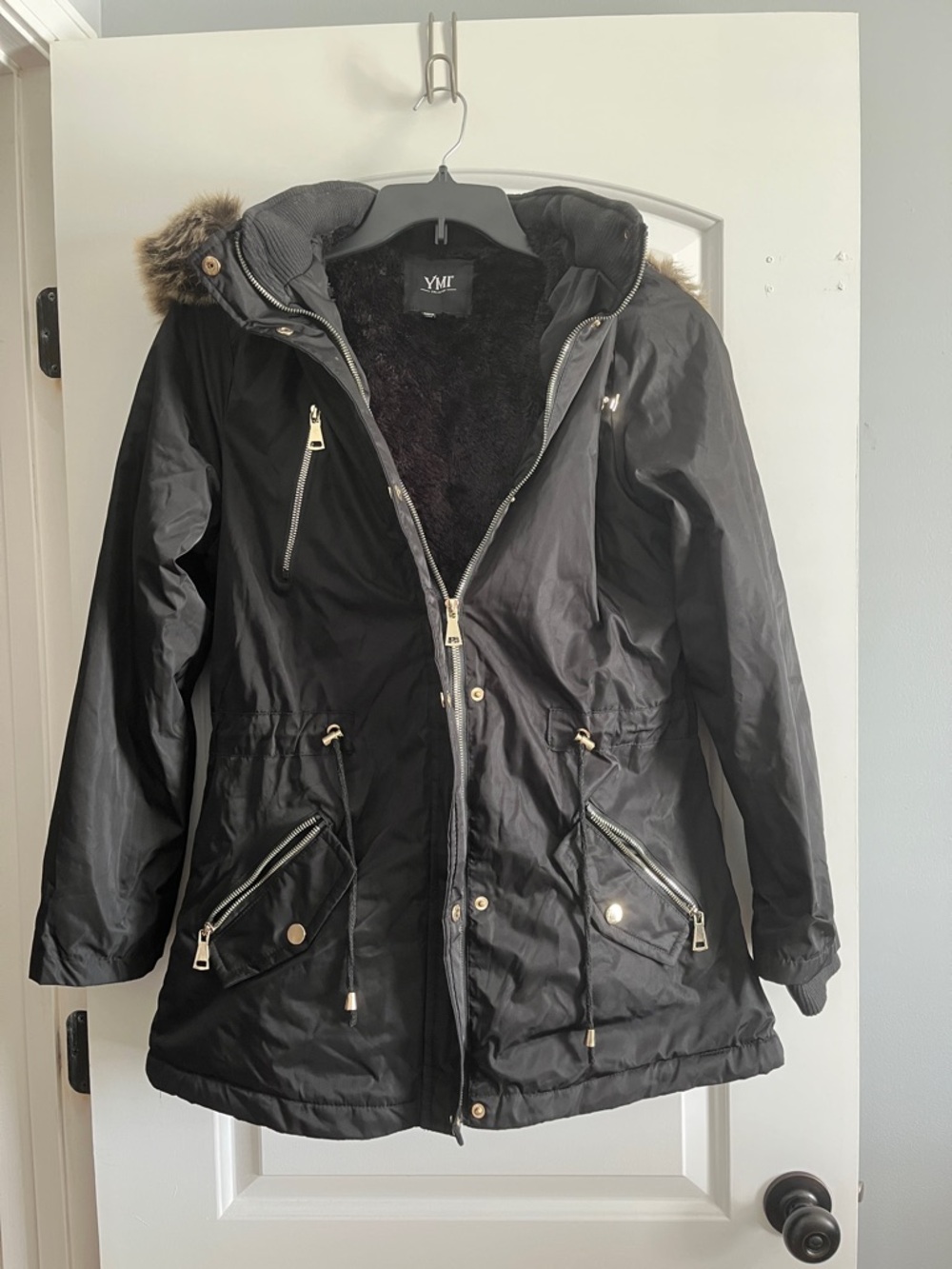 YMI Black Hooded Utility Jacket with Faux Fur Trim